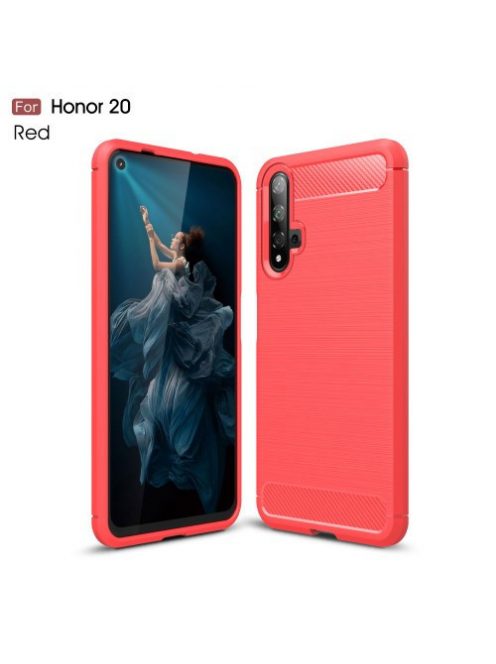 Huawei Honor 20 Szilikon Tok Ütésállókivitel Karbon Mintázattal Piros