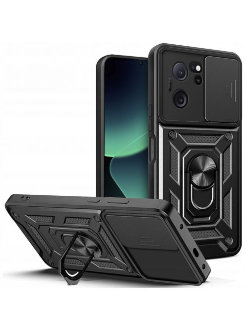 RMPACK Xiaomi 13T 5G / 13T Pro 5G Ütésálló Tok Best Armor Ring Style + Camera Protector Lencsevédelemmel Fekete